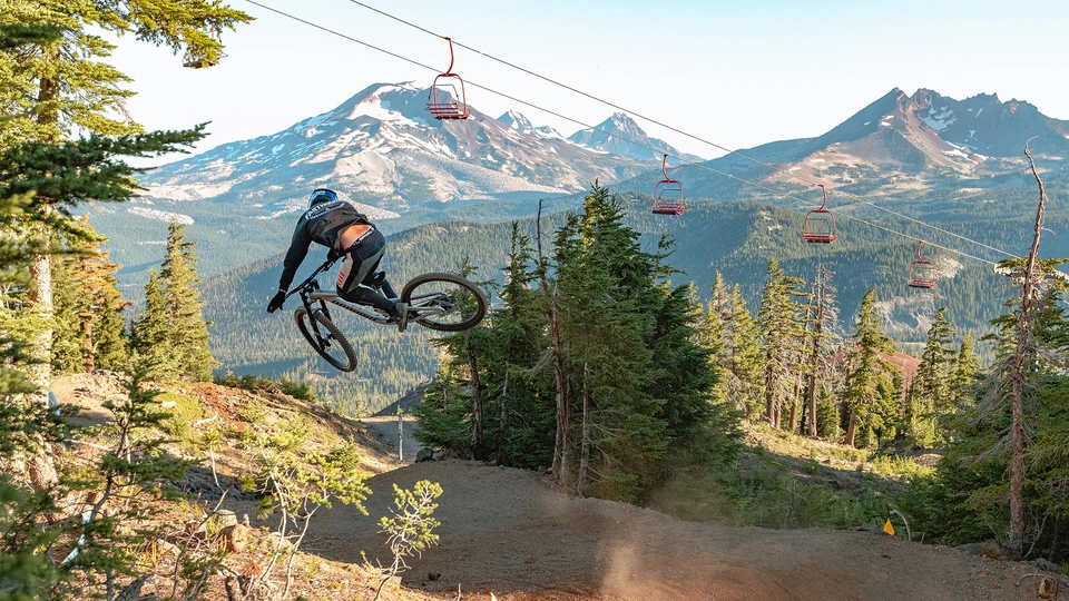 Carson Storch riding Redline Trail, the Mt. Bachelor Bike Park is now 100% Open.